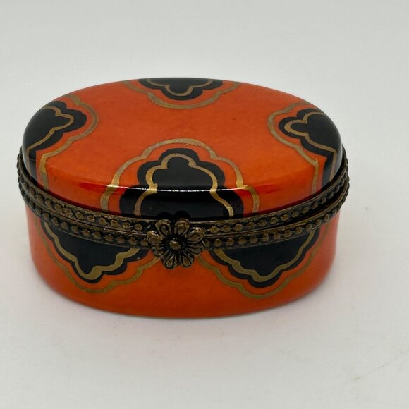 Limoges Other - Limoges Oval Trinket Box Handprinted in France Brass Accents Orange-Black Design